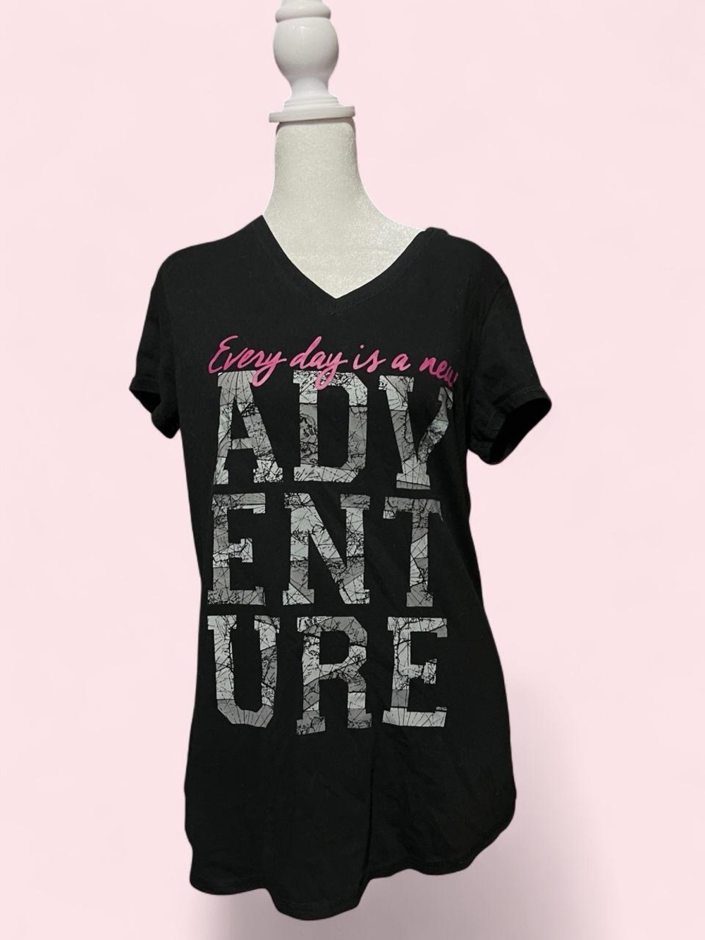 Medium Graphic V-Neck Adventure Tee - Black with Pink & Gray Print